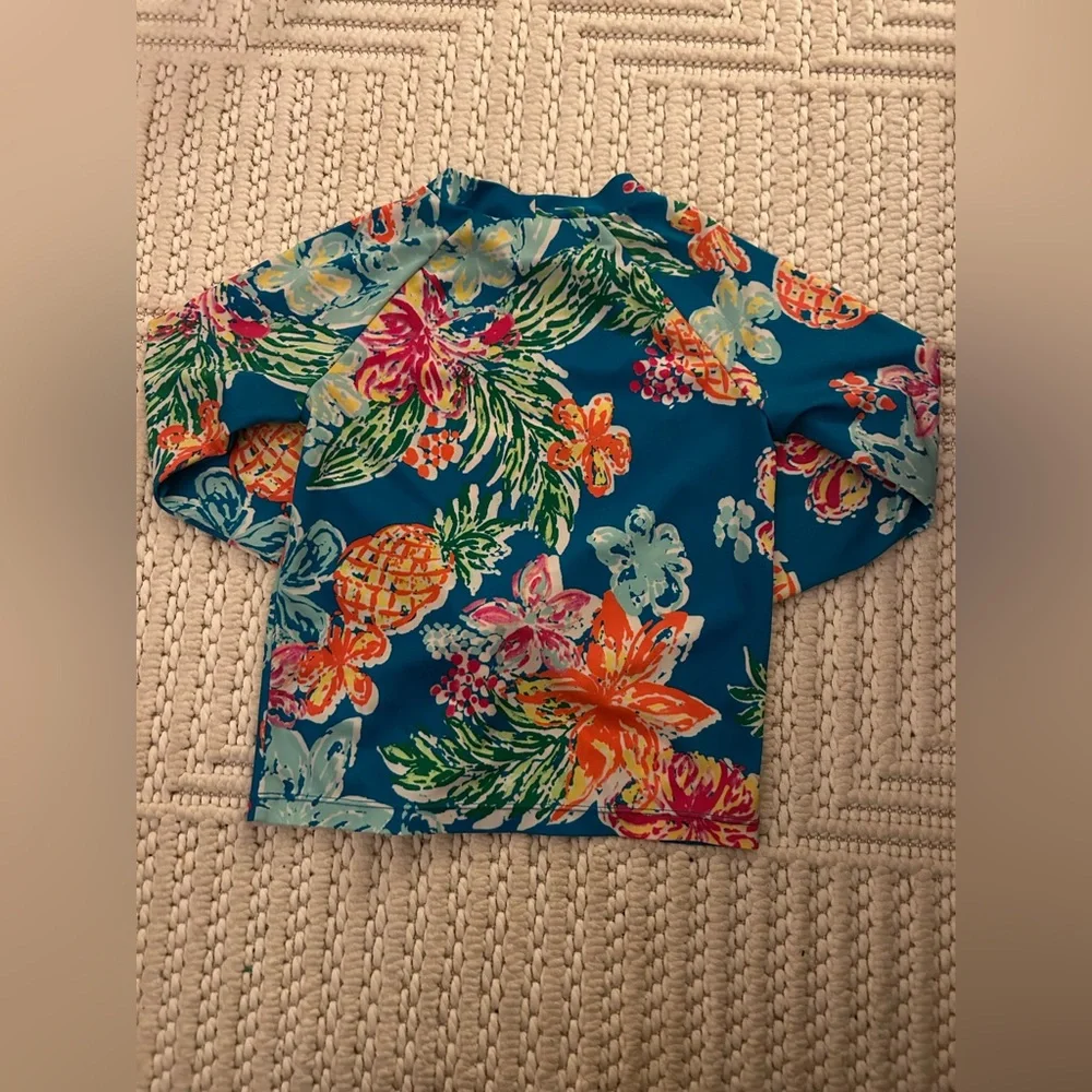 Gymboree Women Sz M (7-8) Blue Pineapple Floral Long Sleeve Rash-guard Swim Top